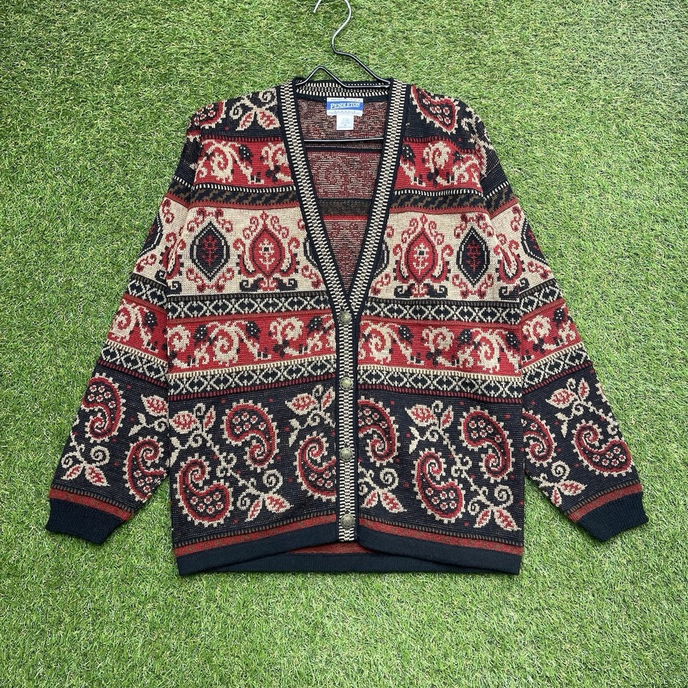 Vintage Pendleton Cardigan Womens Medium Wool Paisley Western Metal Buttons USA